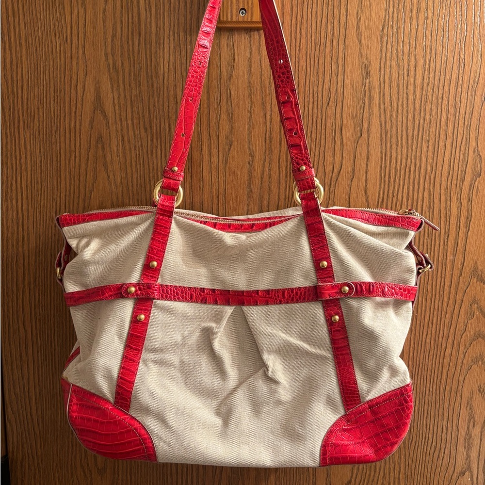BRAHMIN MEGATOTE WINDJAMMER HANDBAG CREAM CANVAS & RED - Picture 2 of 9